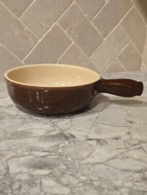 Vintage Emile Henry French Brown Stoneware Handled Baker Onion Soup Fondue Pot